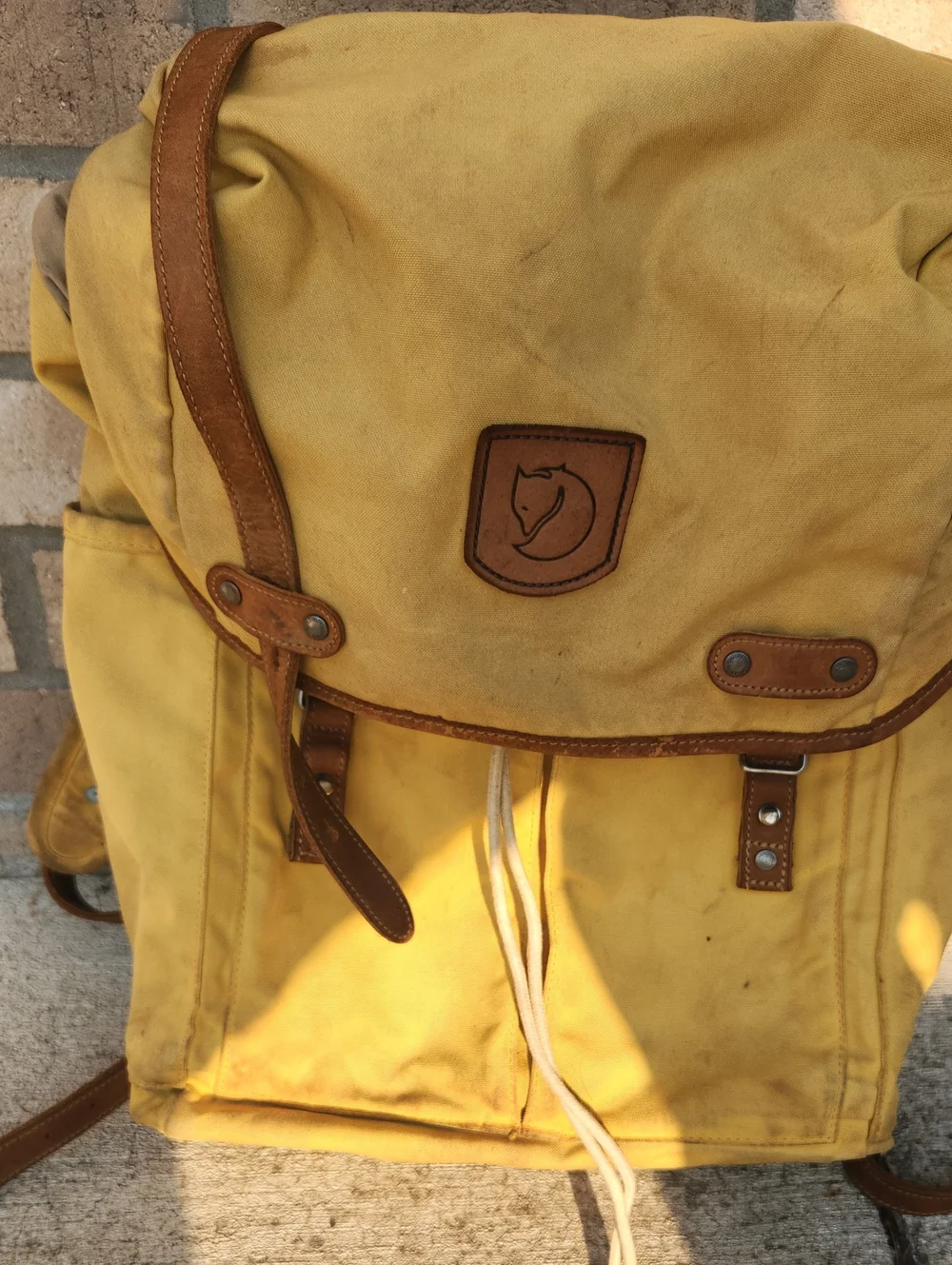 Yellow Canvas Backpack with Brown Leather Trim